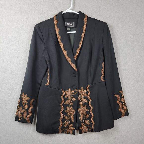 Vtg Anya Wool Black Bronze Floral Embroidered Button Up Blazer Jacket Women's 8 - Picture 1 of 13